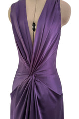 Minimalist Spring 2008 Alexander McQueen Purple Bias Cut Silk Dress w Front Plunge & Knot Detailing