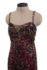 Exquisite 1965-66 James Galanos Couture Heavily Hand Beaded & Sequined Silk Print Dress