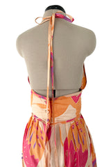 Amazing Late 1970s Bill Tice Printed Tissue Silk Backless Jumpsuit w Balloon Pouf Legs