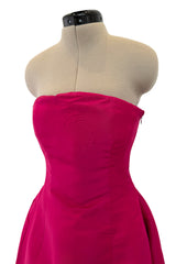Gorgeous 1980s Oscar de la Renta Deep Fuchsia Pink Silk Strapless Silk Dress w Full Skirt