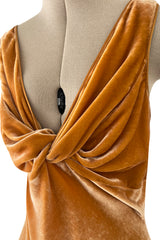 Magical Fall 2005 John Galliano Deep Golden Coloured Bias Cut Velvet Dress w Front Knot Detail