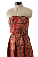 Stunning 1960s Paul Whitney Numbered Strapless Beaded Gold & Red Silk Brocade Dress
