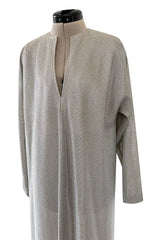 Fantastic 1970s Halston Metallic Silver Lame Lurex Full Length Caftan Dress w Notched Neckline
