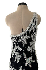 Incredible 1960s Adolfo Black Silk Chiffon One Shoulder Dress w Extensive Hand Bead & Sequin Detailing