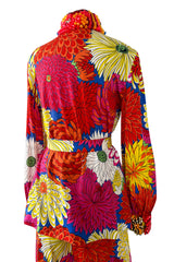 Fabulous 1970s Hanae Mori Bright Floral Print Jersey Pant & Top Set w Beading