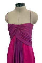 Spring 1985 Yves Saint Laurent Haute Couture Pink Silk Dress w Purple Bodice & Long Front Panel Detail