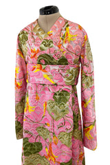 Stunning Fall 1970 Bill Blass Pink Quilted Silk Floral Pattern Metallic Dress w Banded Waist