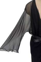 Minimalist Mid-1970s Halston Black Bias Cut Silk Chiffon Wrap Dress w Wide Sleeves