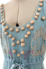 Prettiest Vintage Unlabeled Dusty Pale Blue Net Applique & Embroidered Dress w Ribbon Waist Tie