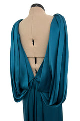 Amazing 1980s Bill Blass Bias Cut Deep Teal Silk Dress w Bead Detailing & Draped Low Back