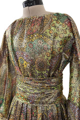 Gorgeous 1960s Unlabeled Gold Lurex Metallic Dress w Floral Print & Full Sleeves