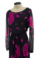 Gorgeous 1970s James Galanos Demi-Couture Silk Chiffon Dress w Vivid Pink Flower Print