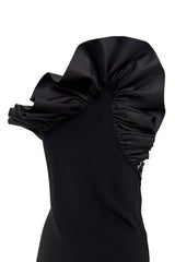 Fabulous 1980s Bill Blass One Shoulder Black Crepe Dress w High Taffeta Ruffle Detail