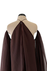 Extraordinary 1970s Yuki Brown Chiffon Caftan Dress w Open Shoulders & Incredible Sleeves