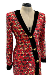 Spectacular Fall 1990 Givenchy Red Silk Organza Button Dress w Sequins & Velvet Trim &