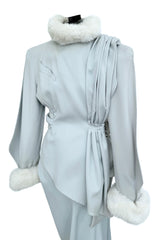 Ultra Rare Fall 1986 Thierry Mugler Ad / Runway Pale Ice Blue Suit w Faux Fur Cuffs & Collar