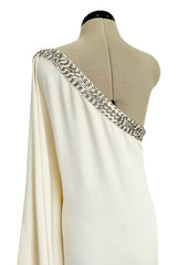 Beautiful 2000s Emilio Pucci Ivory Silk One Shoulder Caftan Dress w Gold & White Beaded Detail