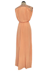 Documented 1960s Tiziani Couture by Karl Lagerfeld Peach Silk Plunge Dress w Matching Feather Cape