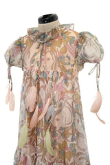 Phenomenal 1960s Gina Fratini Printed Tiered Baby Doll Maxi Dress w Poufed Cap Sleeves & Feather Details