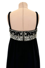 Sophisticated 1960s Donald Brooks Fine Black Wool Crepe Dress w Elaborate Rhinestone Detailing