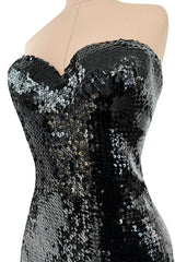 Incredible 1976-1978 Loris Azzaro Strapless Glossy Black Sequin Dress wLayered Net Tulle Skirt