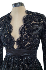 Incredible Fall 1970 Donald Brooks Runway Black Chenille & Sequin Net Lace Dress w Plunge Front