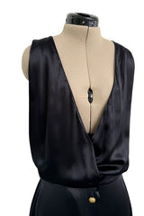 Spectacular 1990s Unlabeled Chanel by Karl Lagerfeld Black SIlk Dress w V Front & Logo Buttons