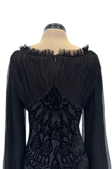 Beautiful Spring 2004 Alexander McQueen Cut Device Silk Velvet Dress w Silk Chiffon Balloon Sleeves