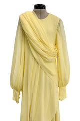 Exceptional 1970s George Stavropoulos Pale Yellow Bias Cut Silk Chiffon Caftan Dress w Attached Panel