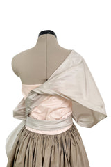 Dreamy Early 1980s Bill Blass Pink, Champagne & Taupe Silk One Shoulder Dress w Full Skirt