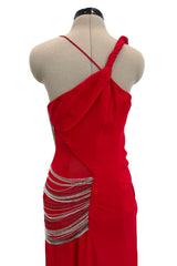 Fabulous 2000s Versace by Donatella Red Crepe Dress w Rhinestone & Silver Chain Detailing