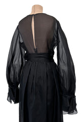 Prettiest 1970s Bill Blass Black Silk Organza Dress w Extensive Ruffle Detailing & Full Puff Sleeves