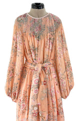 Incredible 1970s Hanae Mori Floral & Butterfly Peach Silk Chiffon Dress w Balloon Sleeves & Beading
