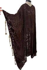 Rare 1960s Thea Porter Couture Brown Silk Open Caftan w Belt & Gold Tassles