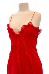 Magical 1990s Bill Blass Perfectly Minimalist Bias Cut Red Silk Chiffon Dress w Tiny Ruffle Detailing