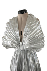 Exceptional 1970s Roland Klein Metallic Silver Lame Pleated Fan Dress w Completely Open Bare Back