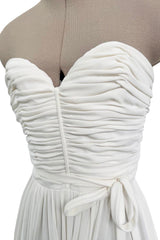 1970s Loris Azzaro White Stretch Jersey Strapless Jumpsuit w Gathered Bodice & Draped Pants