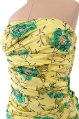 Documented Spring 1988 Emanuel Ungaro Pale Yellow Silk Taffeta Strapless Dress w Floral Print