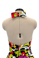 Gorgeous Resort 1993 Christian Lacroix Crisp Cotton Floral Print Halter Dress w Pouf Back Skirt