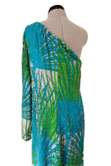 Phenomenal c.1972 La Mendola Hand Beaded Green Printed Caped One Shoulder Silk Jumpsuit