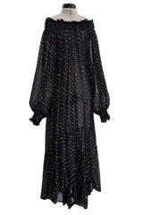 Spring 1978 Yves Saint Laurent Runway & Ad Campaign Off Shoulder Silk Chiffon Dot Dress