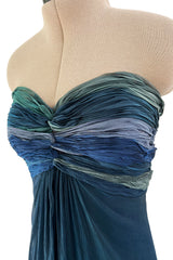 Spring 1990 Oscar De La Renta Ocean Blues Silk Chiffon Strapless Dress w Gathered Bodice