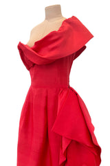 Prettiest 1970s Loris Azzaro Red Silk Gazaar One Shoulder Dress w Ruffled Detailing & Side Bow