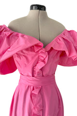 1980s Unlabeled Demi-Couture Pink Silk Dress w Ruffled Front & Caped Shoulders