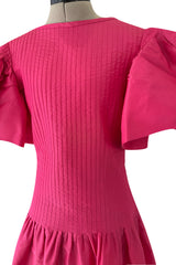 Prettiest 1980s Pierre Cardin Bright Pink Dress w Puff Sleeves & Flat Pleating