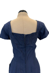 Prettiest 1950s Ceil Chapman Fitted Blue Dress w Hip Pockets & Pleated Bodice Detailing