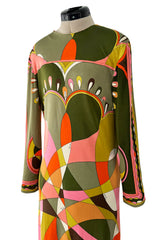 Fantastic 1960s Emilio Pucci Green Pink Coral & Orange Abstract Print Silk Jersey Dress