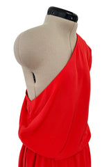 Spring 1980 Christian Dior by Marc Bohan Haute Couture One Shoulder Coral Red Silk Dress