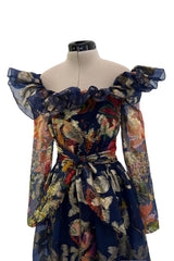 Prettiest 1960s Oscar de la Renta Metallic Thread Detailed Silk Organza Printed Off Shoulder Dress