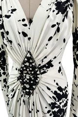 Fantastic Spring 1982 Yves Saint Laurent Haute Couture Runway Unlabeled Black & White Print Plunge Dress